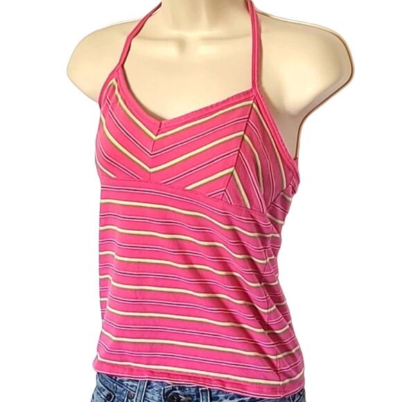Excellent Arizona Jean Co Juniors Pink Striped Halter Neck Top Size Medium - Picture 3 of 7